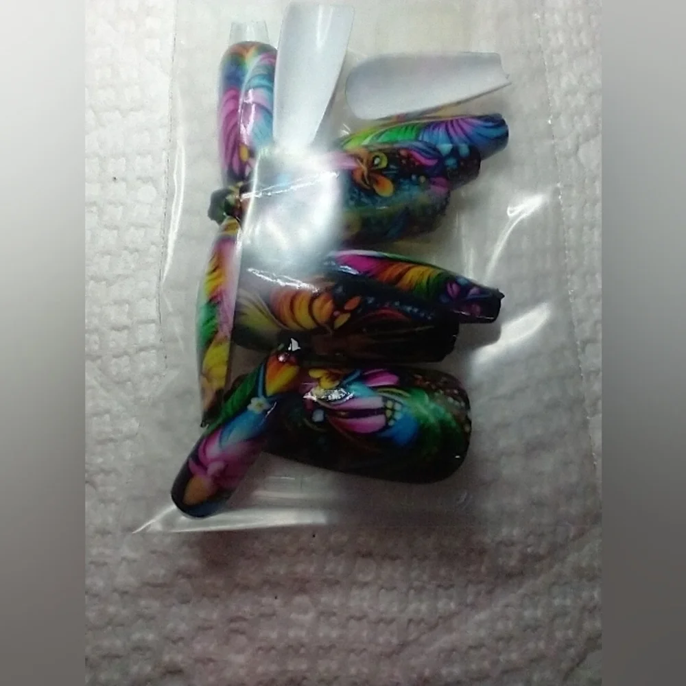 Press on nails flower floral feather colorful multicolor gorgeous art nail set